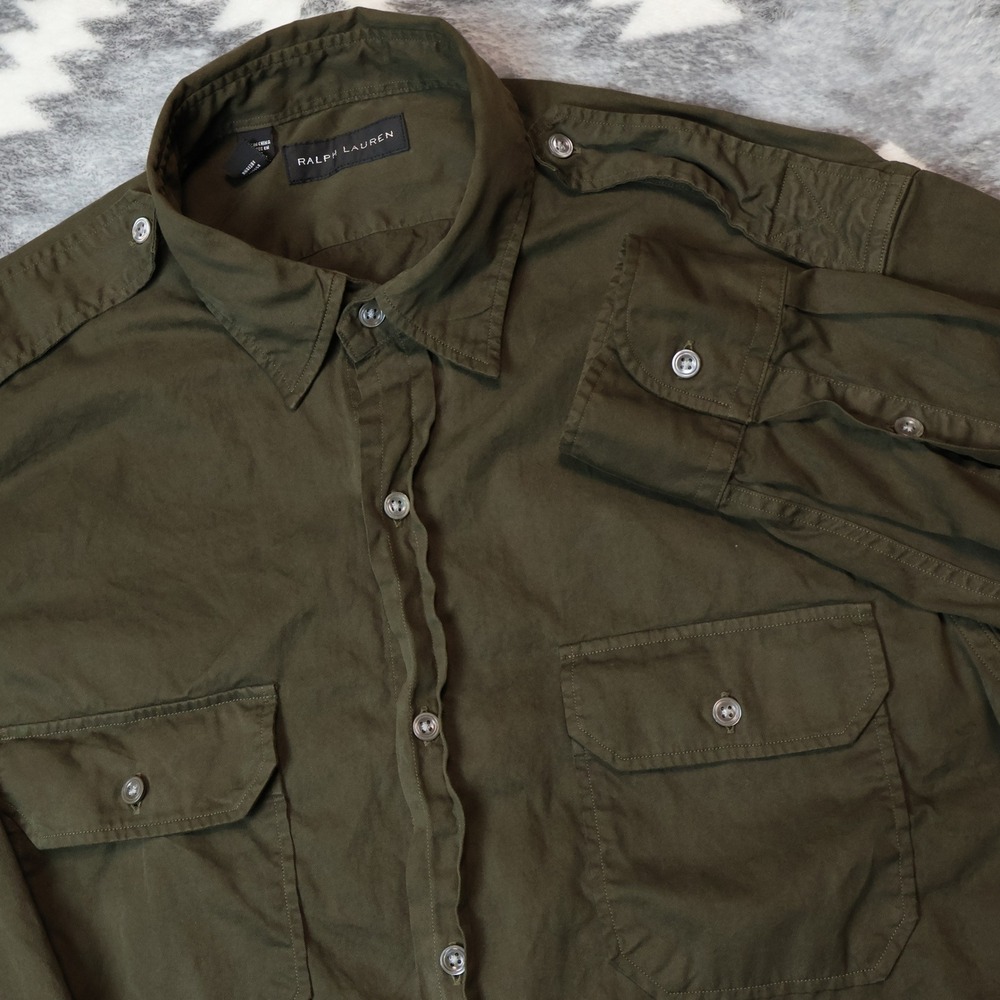 Ralph Lauren Olive Green Military Utility Shirt Mens Medium Epaulets Cotton